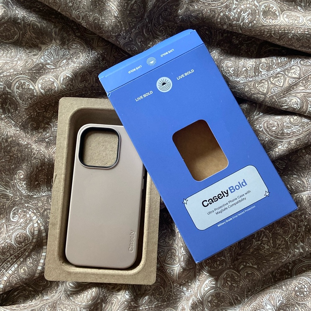 New Casely iPhone 15 Pro taupe-on-nude phone case. Ultra protective, MagSafe.
